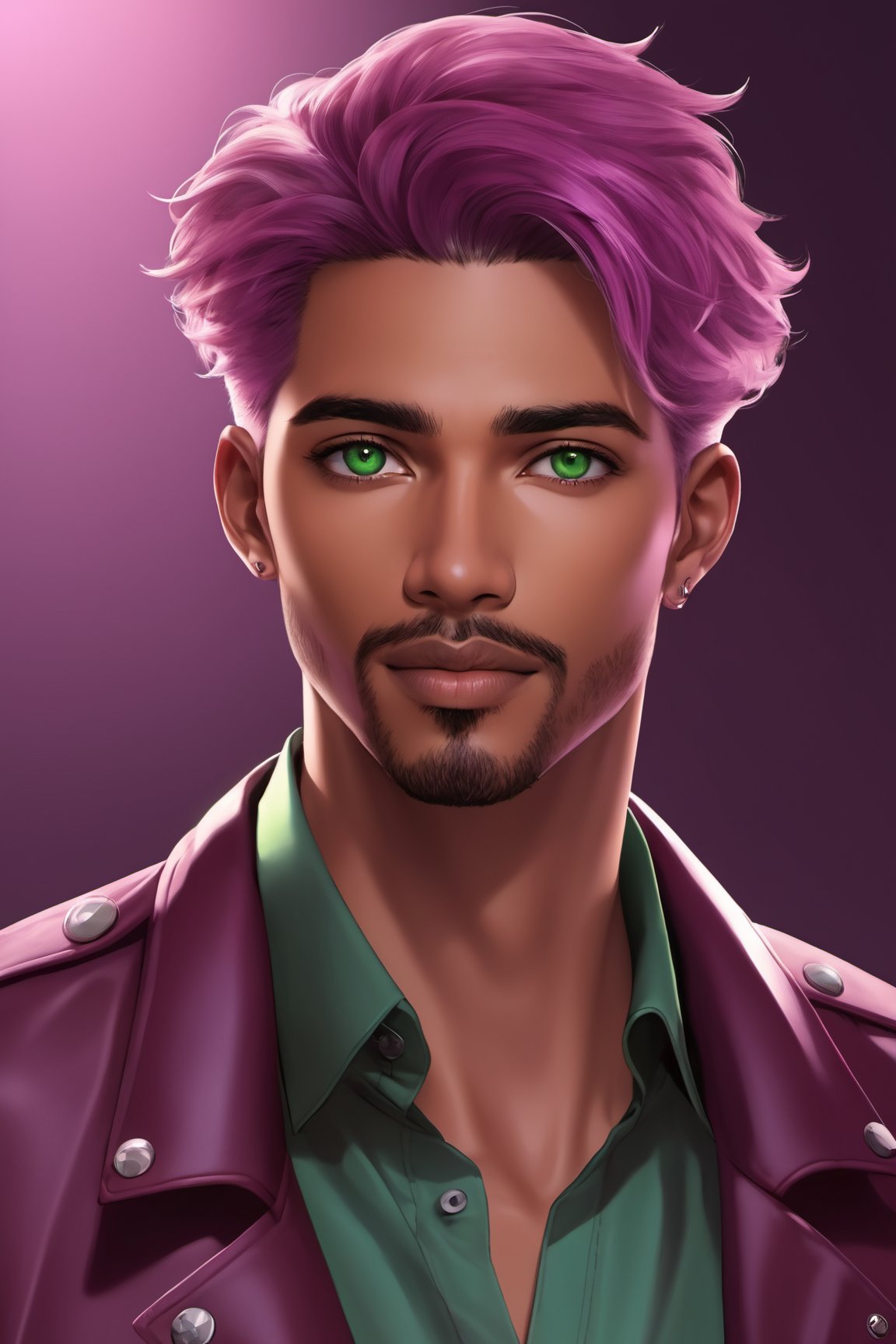 realistic, solo, 1boy, male focus, green eyes, light purple hair, stubble, goatee, maroon background, dark skinned male, tan skin, looking at viewer, lips, shirt, jacket, hyur, specular highlights, gradient