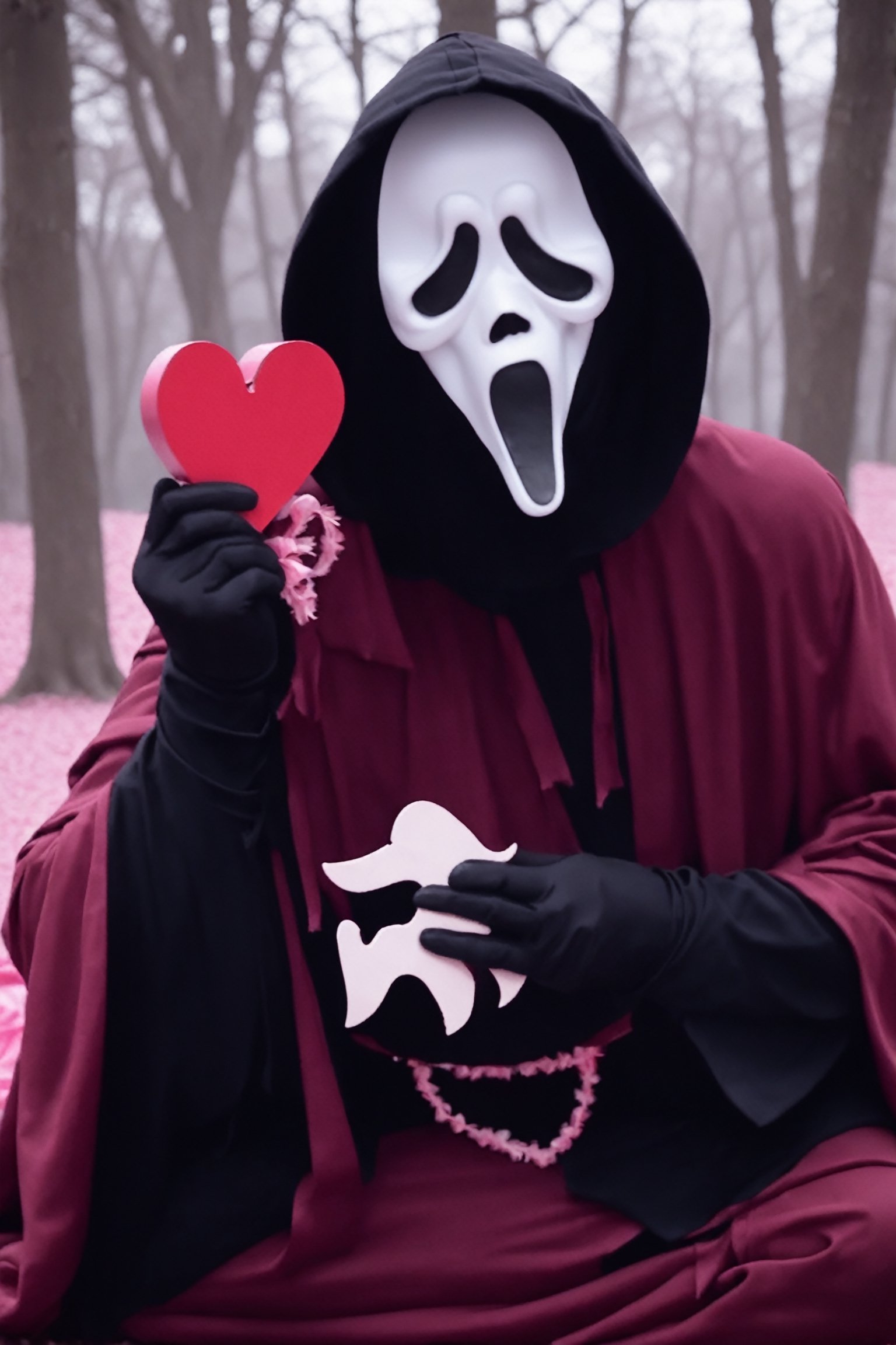 Ghostface Baller, solo, gloves, long sleeves, 1boy, sitting, male focus, heart, hood, torn clothes, mask, cloak, hood up, skull, robe, indian style, heart background 