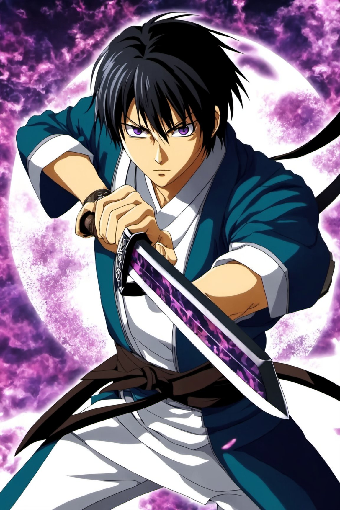 Hijikata Toshizou, anime, weapon, 1boy, sword, male focus, solo, purple eyes, black hair, katana, sheath, uniform, belt, fighting stance