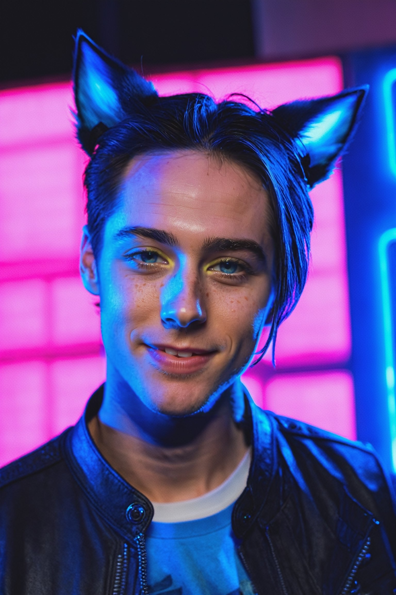 Maverick Ellis Rowe, 1boy, male focus, solo, looking at viewer, smile, blue eyes, black hair, animal ears, one eye closed, cat ears, lips, night, freckles, realistic, neon lights, 