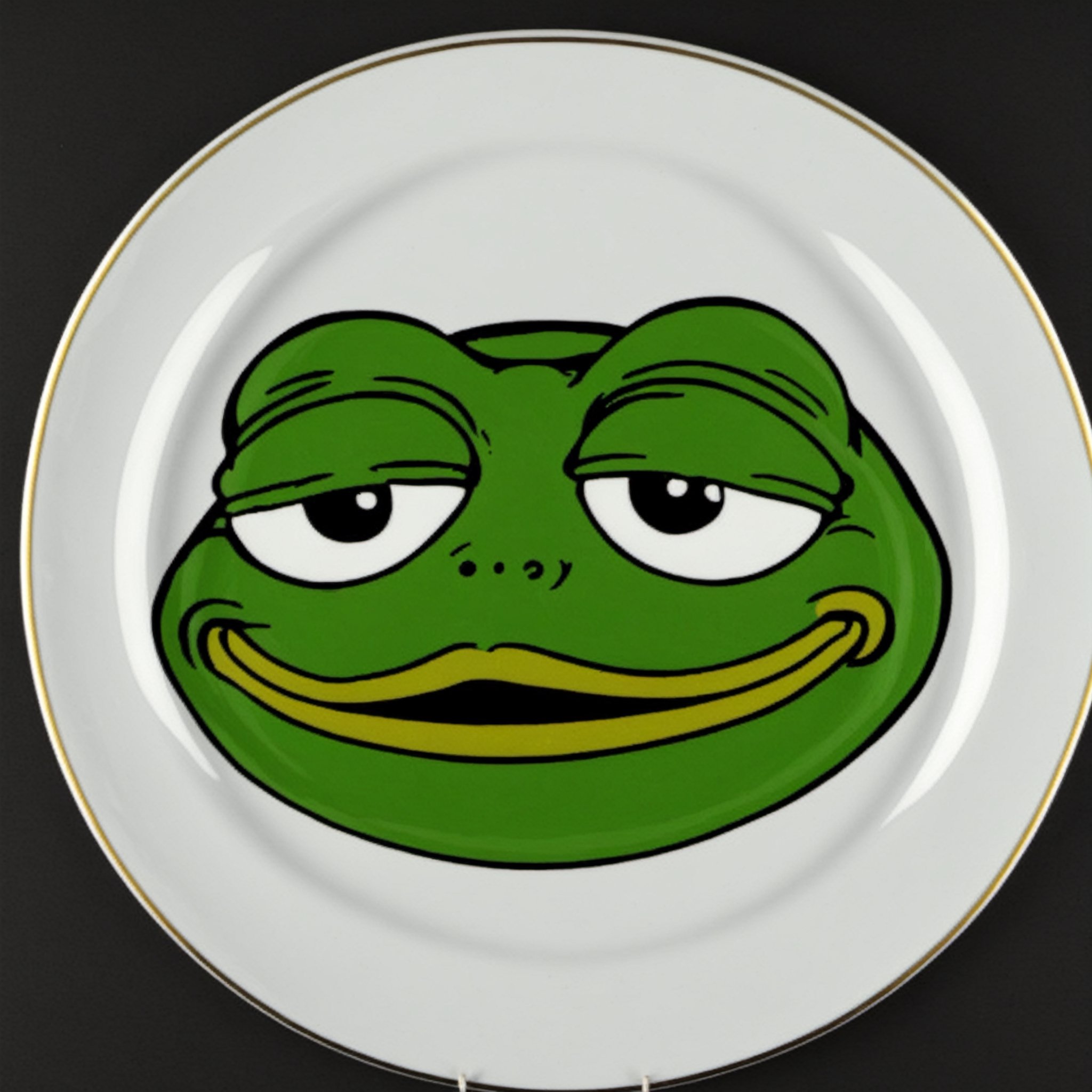 fnxipltz,a plate with  a meme of a pepe frog