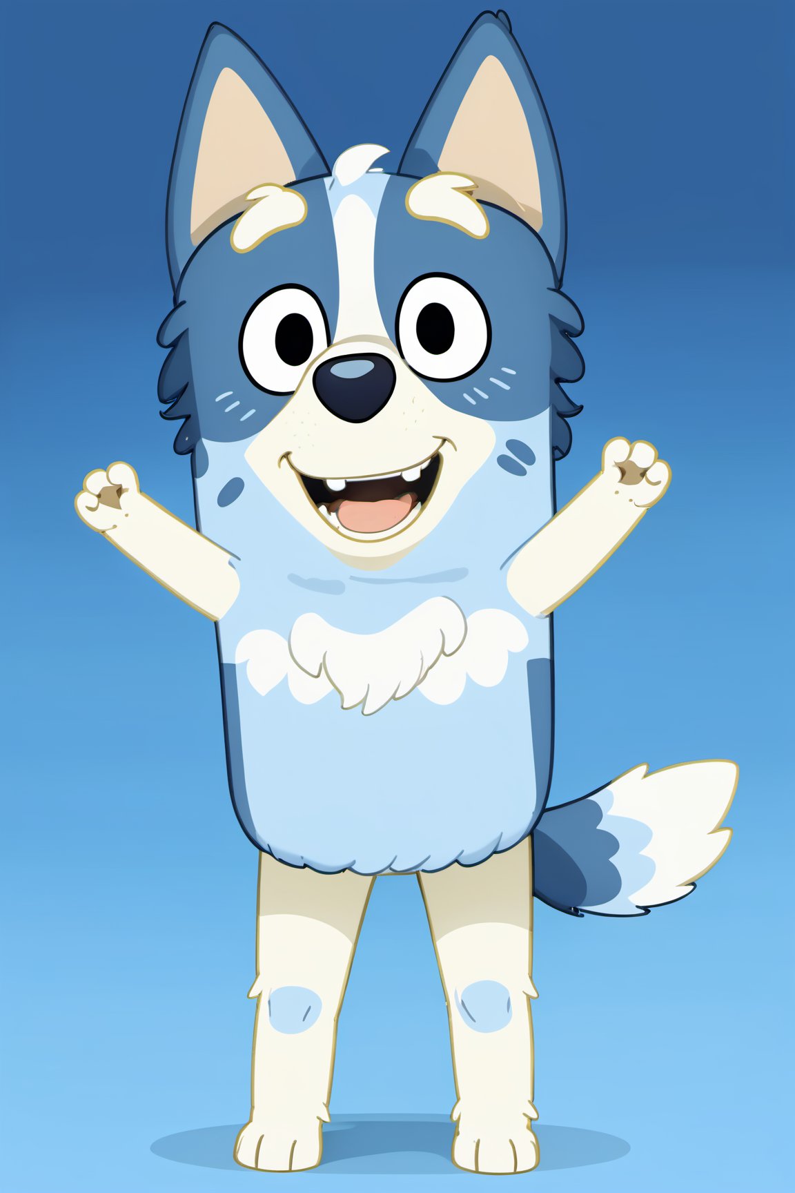 Bluey Style, Bluey Irwin Chibi, blue heeler, blue fur,  solo, looking at viewer, smile, open mouth, simple background, 1boy, animal ears, standing, tail, full body, male focus, black eyes, arms up, blue background, happy, outstretched arms, furry, furry male, body fur, animal nose, two-tone fur, blue fur