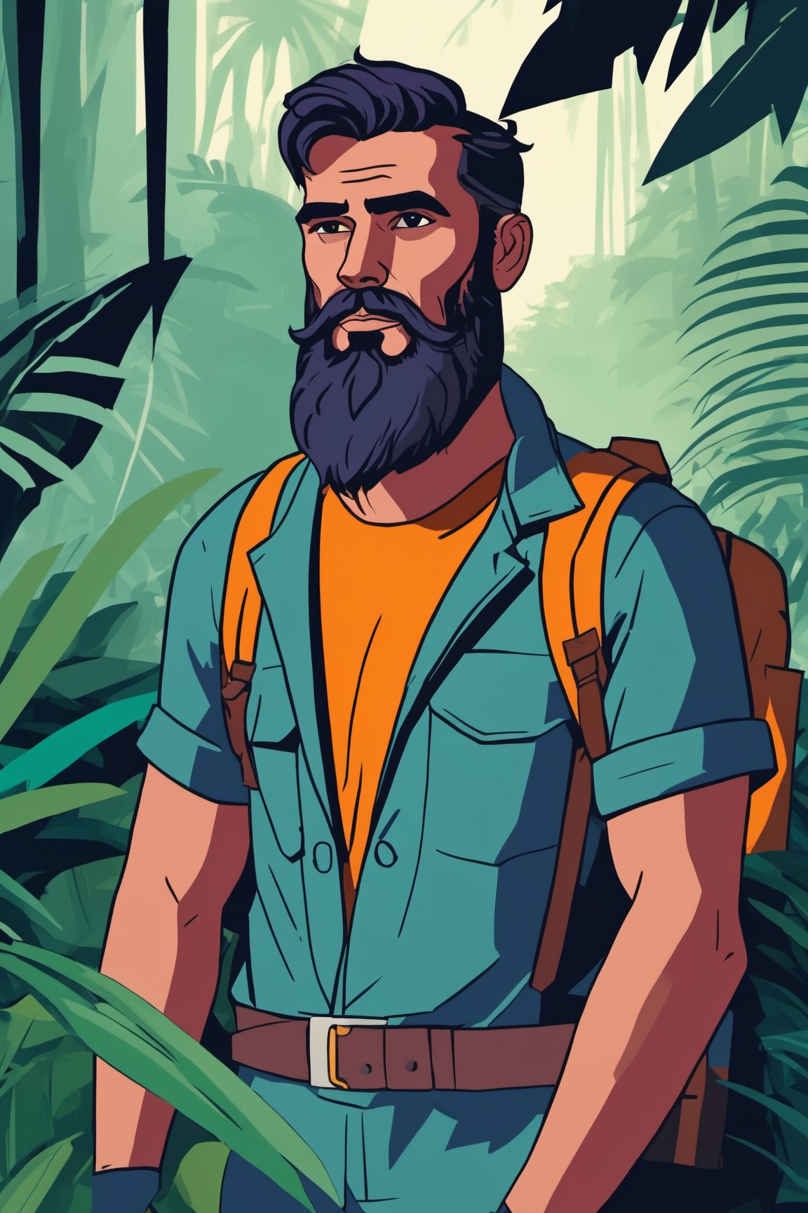 Masterpiece, award winning portrait of a bearded hipster explorer in a Jungle by Syd Mead, cold color palette, muted colors, detailed, 8k