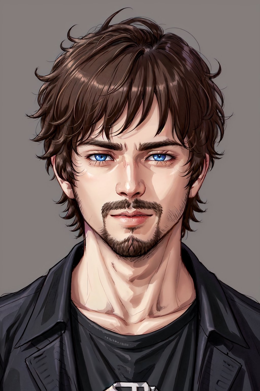 Xander Ellis, solo, looking at viewer, short hair, blue eyes, brown hair, shirt, 1boy, closed mouth, jacket, male focus, black shirt, facial hair, portrait, realistic, light stubble