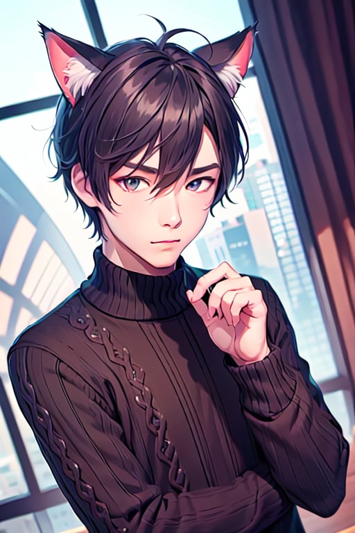 animal ears, solo, 1boy, male focus, cat ears, black hair, sweater, argyle, 