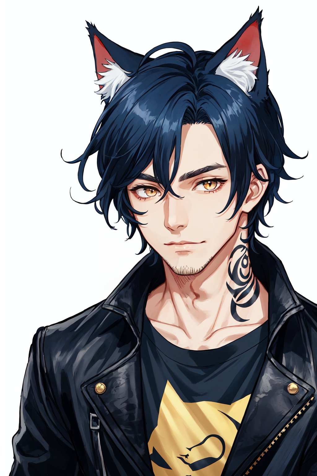 1boy, male focus, long  dark blue hair, cat ears, animal ears, animal ear fluff, gold eyes, leather jacket, tshirt, portrait, upper body, tattoos, anarchist vibes