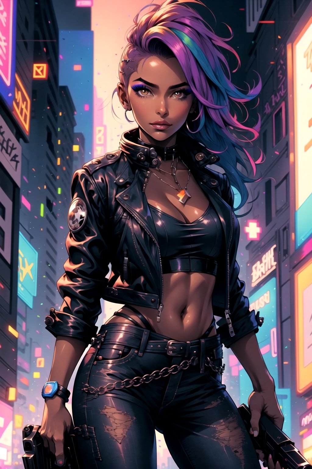 Cyberpunk Style, 1girl, belt, blurry, breasts, brown eyes, cleavage, contrapposto, cropped jacket, dark skin, dark-skinned female, denim, finger on trigger, gun, handgun, holding, holding gun, holding weapon, jacket, large breasts, leather jacket, lips, lipstick, long hair, looking at viewer, makeup, midriff, multicolored hair, navel, neon lights, nose, open clothes, open jacket, pants, purple hair, smoke, solo, weapon