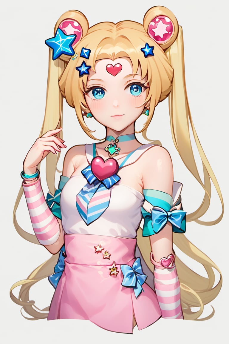 SM Nouveau, art nouveau, 1girl, hair ornament, blonde hair, striped sleeves, long hair, heart, bow, hair bow, crescent, double bun, multicolored hair, looking at viewer, hairclip, food, hair bun, nail polish, freckles, bangs, solo, facial mark, twintails, star \(symbol\), cat, ice cream, short sleeves, gradient hair, pink hair, heart hair ornament, arm warmers, parfait, blue eyes, star hair ornament, top hat, pink nails