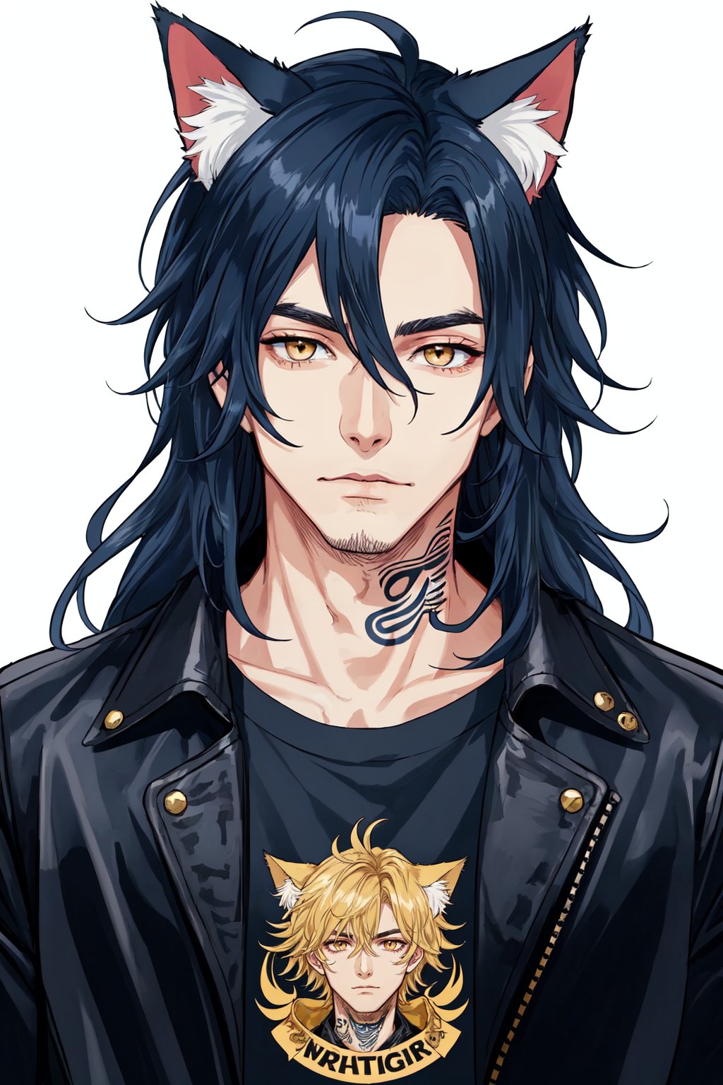 1boy, male focus, long hair, fluffy hair,   navy blue hair, cat ears, animal ears, animal ear fluff, gold eyes, leather jacket, tshirt, portrait, upper body, tattoos, anarchist vibes