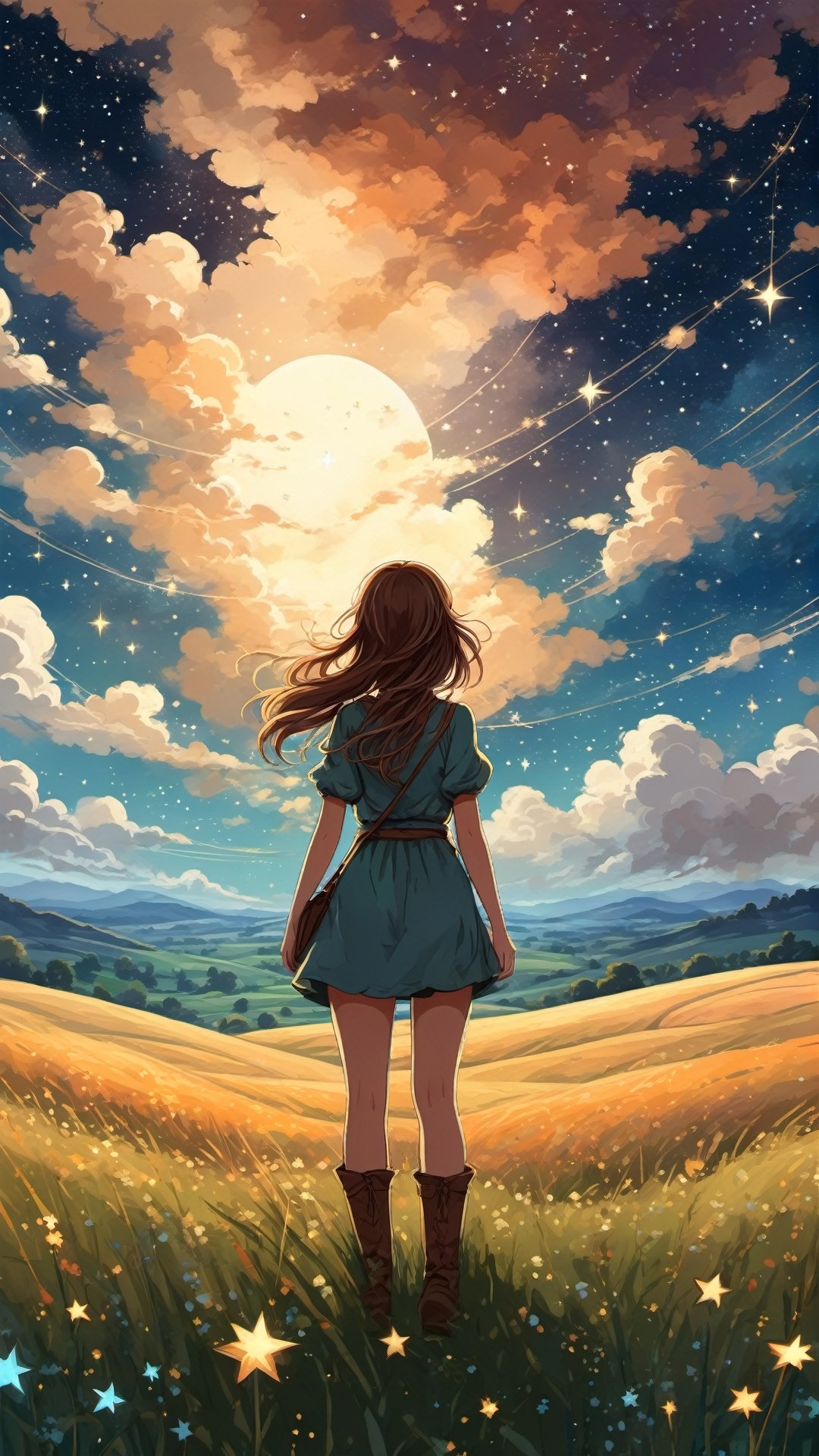 (back view) Extremely detailed really cute young woman standing in a field with a stunning sky over her with stars, earthy color palette, jrpg, cartoonish vector, volumetric lights, nature-evocative, enchanting, whimsical, detailed, emotionally evocative, fantastical, imaginative, visually rich, nostalgic, vivid, expansive, atmospheric, dynamic, ever-changing, awe-inspiring, painterly, dramatic, dreamlike, emotive, best quality (sky 60%) art by MSchiffer