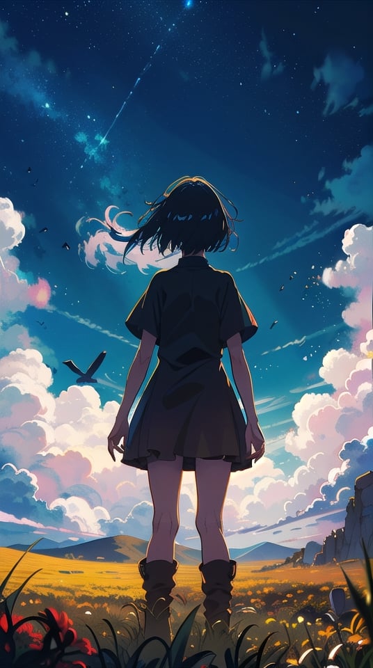 ((front view)), Extremely detailed really cute young woman standing in a field with a stunning sky over her with stars, earthy color palette, jrpg, cartoonish vector, volumetric lights, nature-evocative, enchanting, whimsical, detailed, emotionally evocative, fantastical, imaginative, visually rich, nostalgic, vivid, expansive, atmospheric, dynamic, ever-changing, awe-inspiring, painterly, dramatic, dreamlike, emotive, best quality (sky 60%) art by MSchiffer,
