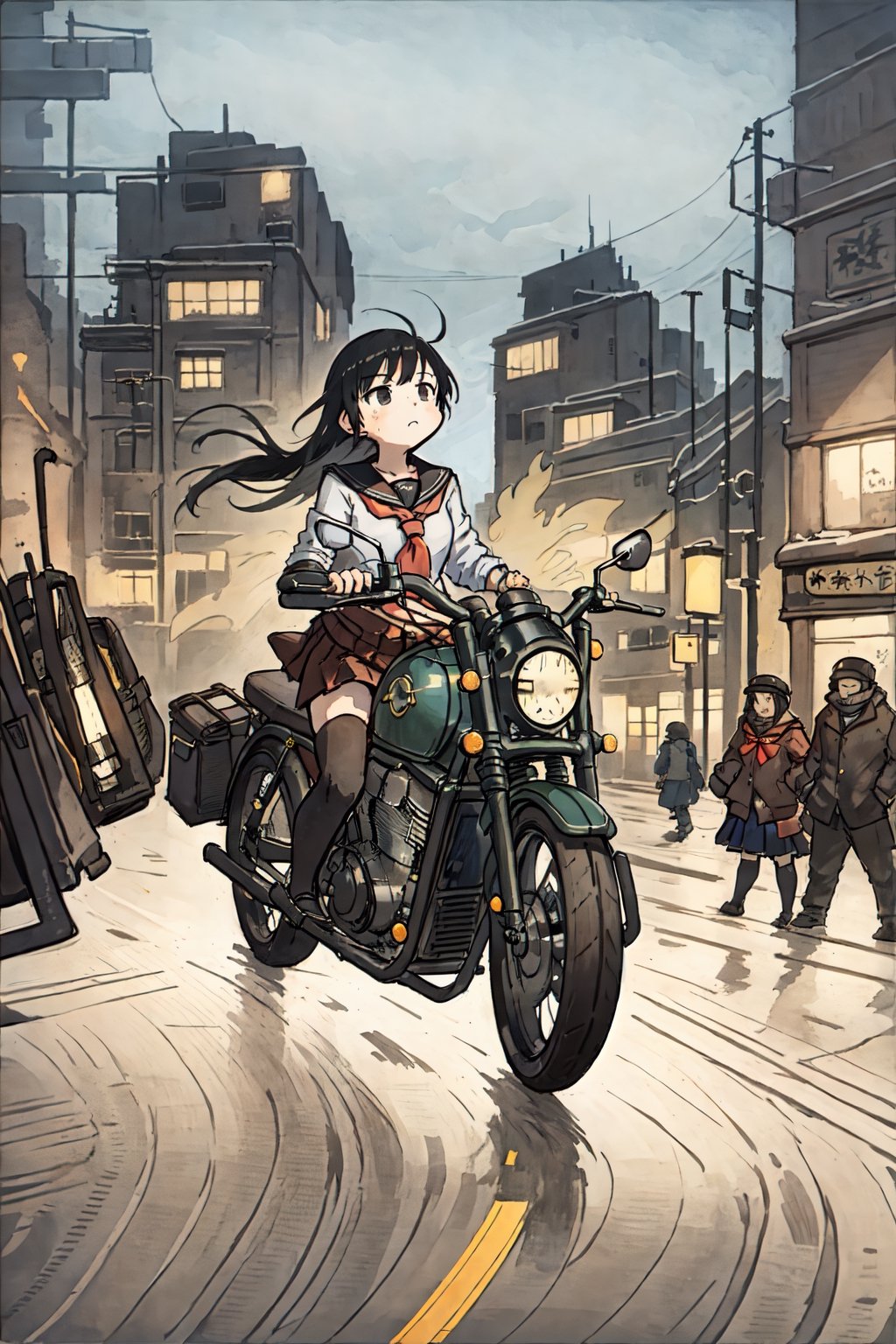 masterpiece, best quality, 1girl, solo, jacket, school uniform, serafuku, thighhighs, school bag, black hair, black eyes, cyberpunk, street, machinery, motor vehicle, motorcycle, panorama, helmet, speed line, motion blur, depth of field, perspective, panorama, riding, floating hair, night, neon trim
INFO
