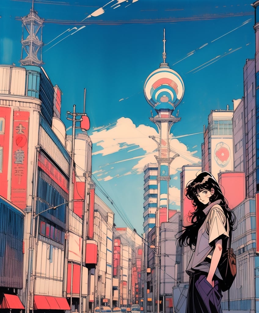 masterpiece:1.2, best quality:1.2, 8k raw, (anime:1.0), illustration, highly detailed, (color ink painting by Moebius, Katsuya Terada, Jeffrey Catherine Jones), Osaka's Shinsekai District,Tsutenkaku Tower, Osaka, 1girl,ghibli style,yoimiyadef,ink