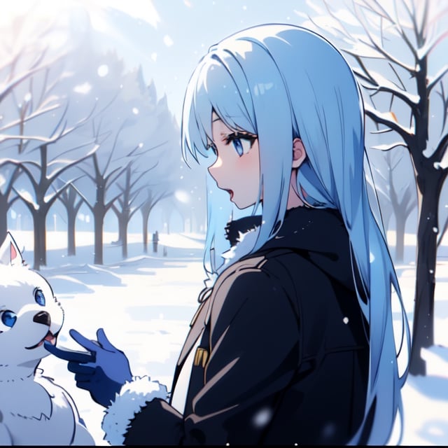 a very pretty anime girl in a park, 1girl, light blue eyes, solo, ((white fur jacket)), falling_snow, pastel blue hair, outdoors, tree, gloves, winter, bangs, long sleeves, head look up, mouth open, arms open, feeling snow falling from sky, breath, bare tree, yuzu