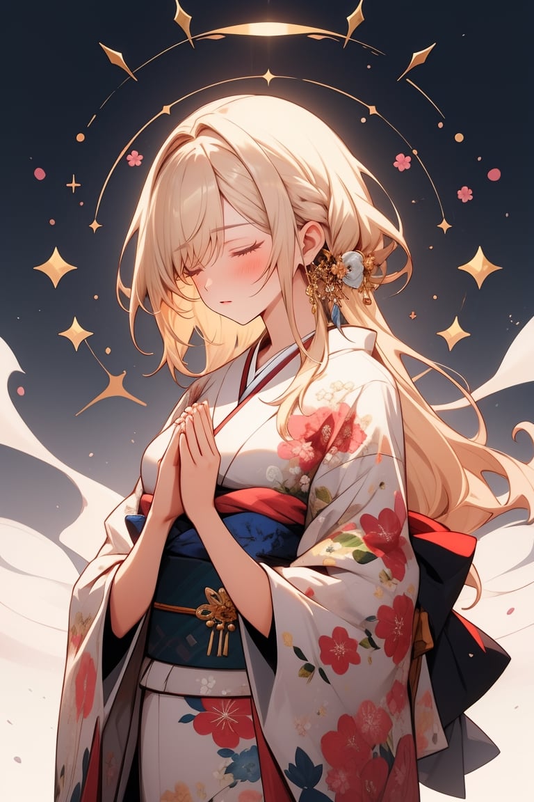 masterpiece:1.3, best quality:1.3, highly detailed, 8k raw, simple_background:1.3, white_background:1.3, female_solo, standing, medium breasts, cowboy_shot, pink floral kimono, closed eyes, look down, hands together, praying, light blonde hair, long straight_hair, cozy, animeniji