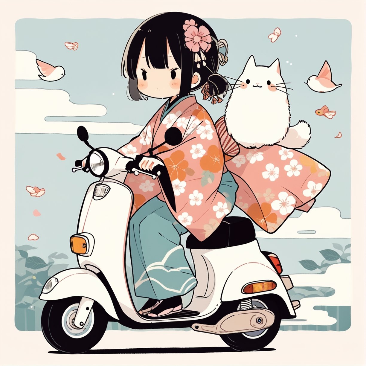 kimono girl riding a scooter,cute illustration, kawaii, masterpiece, best quality, aesthetic 