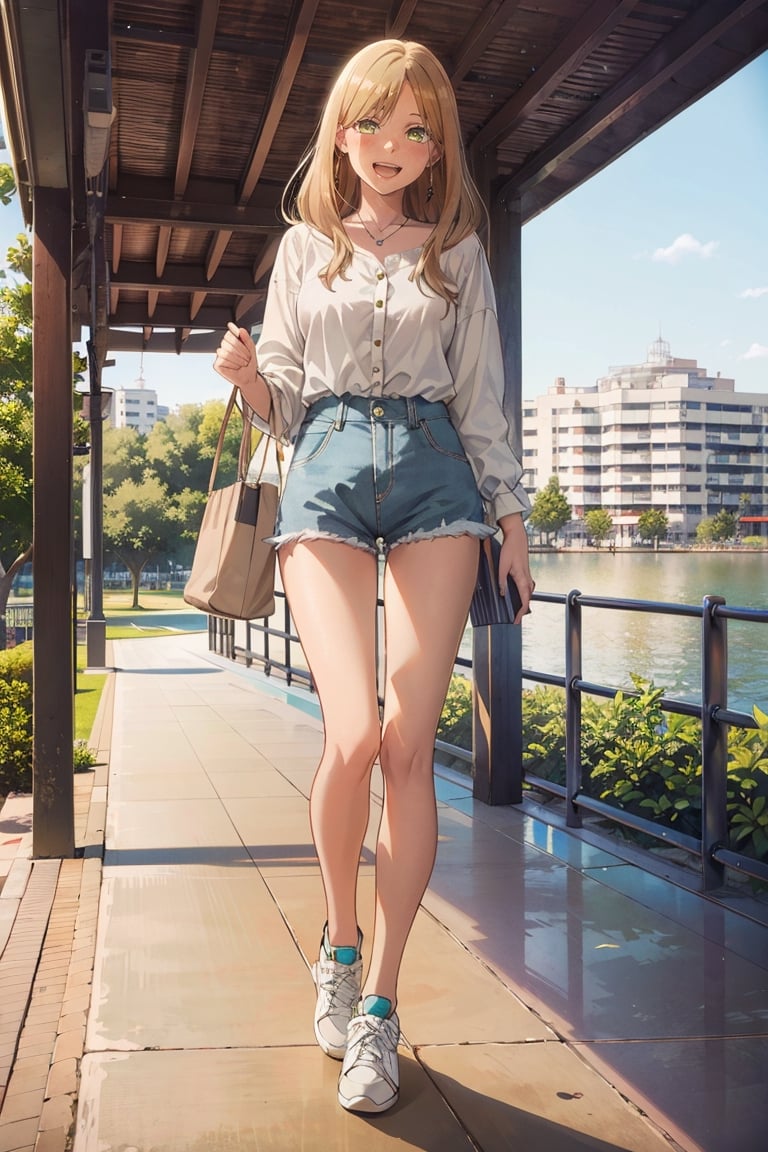 (masterpiece:1.1), (highest quality:1.1), (HDR:1.0), 1girl, perfect body, laugh, open mouth, (wearing white button_shirt with yellow tie), cut off denim shorts:0.5, sneakers, attractive, stylish, designer, black, asymmetrical, waterfront walkway, SAM YANG, Female, hmnc1, High detailed, full leg tattoos:1.5,retrobigguns, pastel color theme