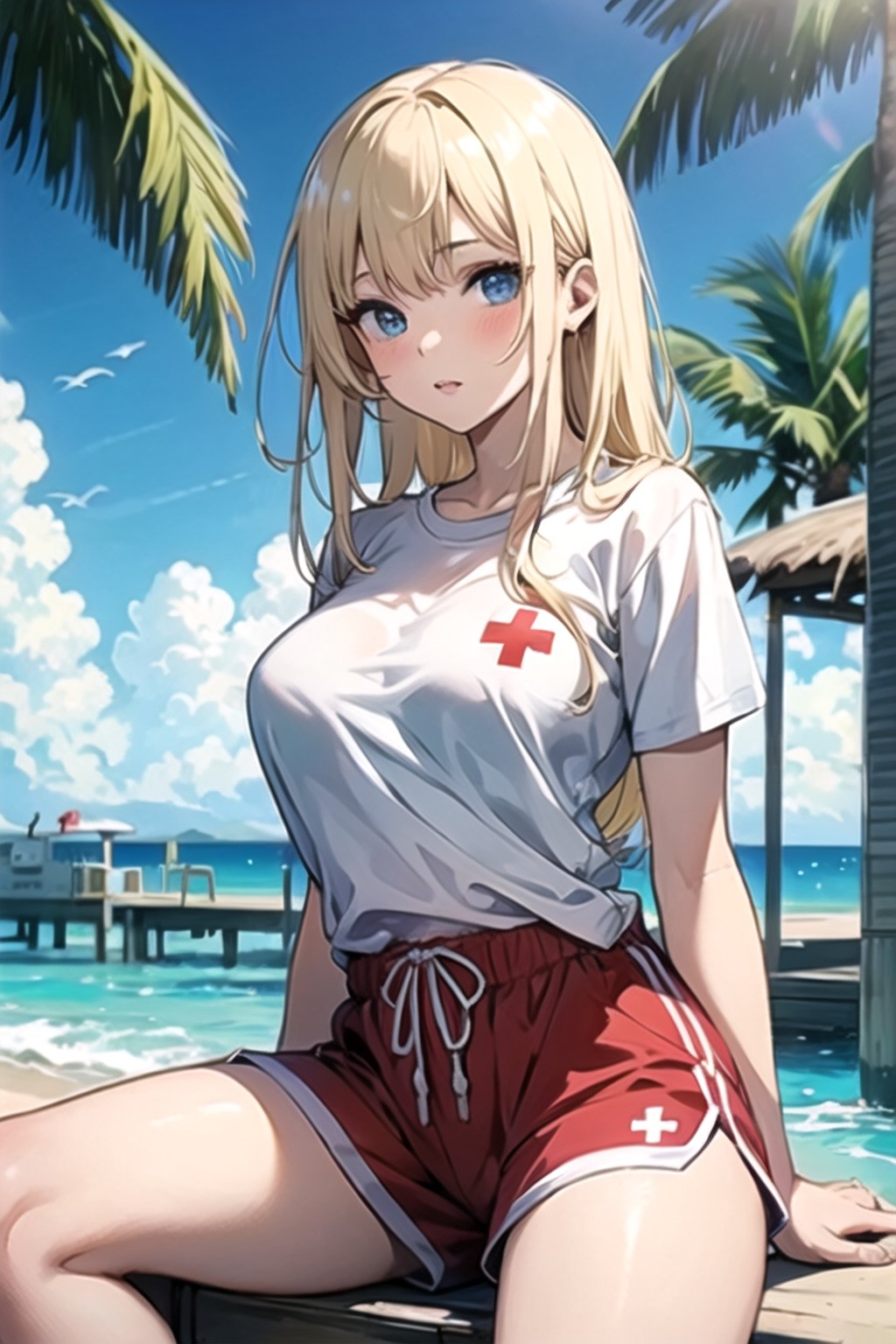 a gorgeous blonde anime ((beach lifeguard)) with medium breasts wearing shorts and a t shirt posing beside a beach ocean at a resort, red cross tshirt logo, 1girl, outdoors, parted lips, shorts, blue eyes, shirt, looking at viewer, blonde hair, beautiful face, parted lips, solo, white shirt, medium breasts, short sleeves, long hair, day, red shorts, sitting, thighs, sky, blush, tree