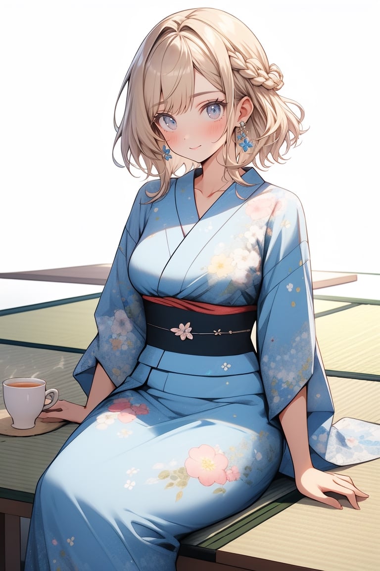 masterpiece:1.3, best quality:1.3, highly detailed, 8k raw, simple_background:1.3, white_background:1.3, female_solo, sitting on tatami, tatami tea table, tea festival, medium breasts, pov_shot, pastel light blue floral kimono, happy eyes, look happy, light blonde hair, medium straight_hair, milkmaid braid, blush, cozy, animeniji