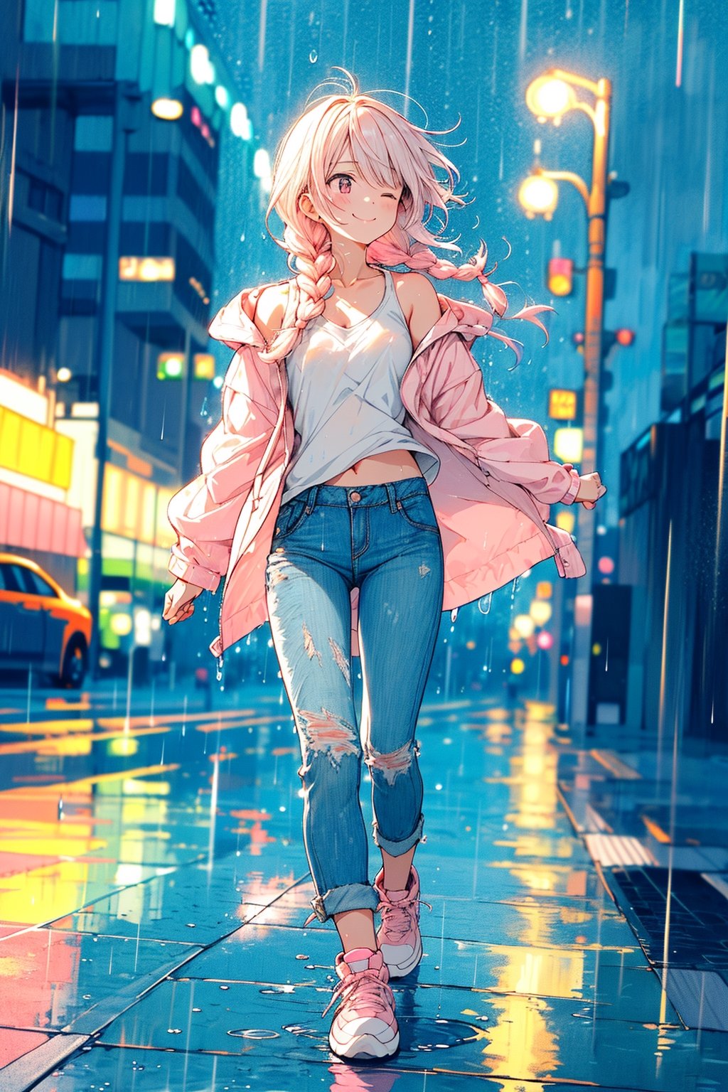 (Simple, light pastel pink and white, walking in the rain:1.3), (anime:1.0), night, intersection
(1woman), smile, (looking away), long hair, double Braids,
(light pink t’raincoat:1.2), (white tanktop),(distressed skinny jean), (pastel pink sneakers):1.2), midjourney, light pastel theme,one eye closed, smile