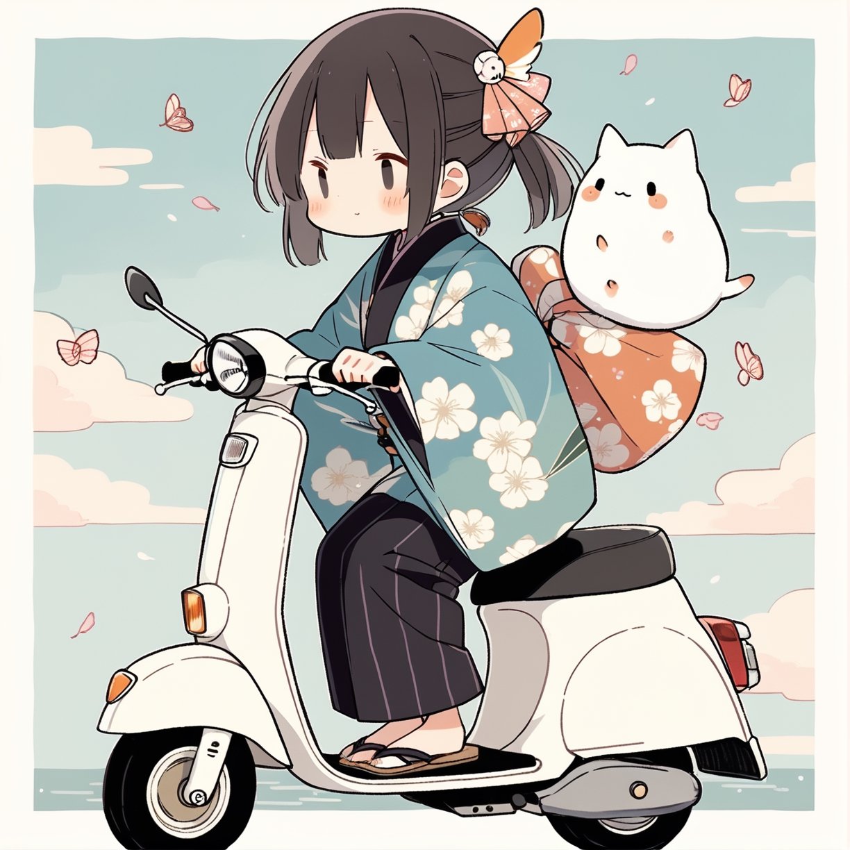 kimono girl riding a scooter,cute illustration, kawaii, masterpiece, best quality, aesthetic 