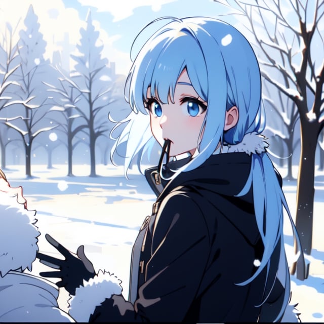 a very pretty anime girl in a park, 1girl, light blue eyes, solo, ((white fur jacket)), falling_snow, pastel blue hair, outdoors, tree, gloves, winter, bangs, long sleeves, head look up, mouth open, arms open, feeling snow falling from sky, breath, bare tree, yuzu