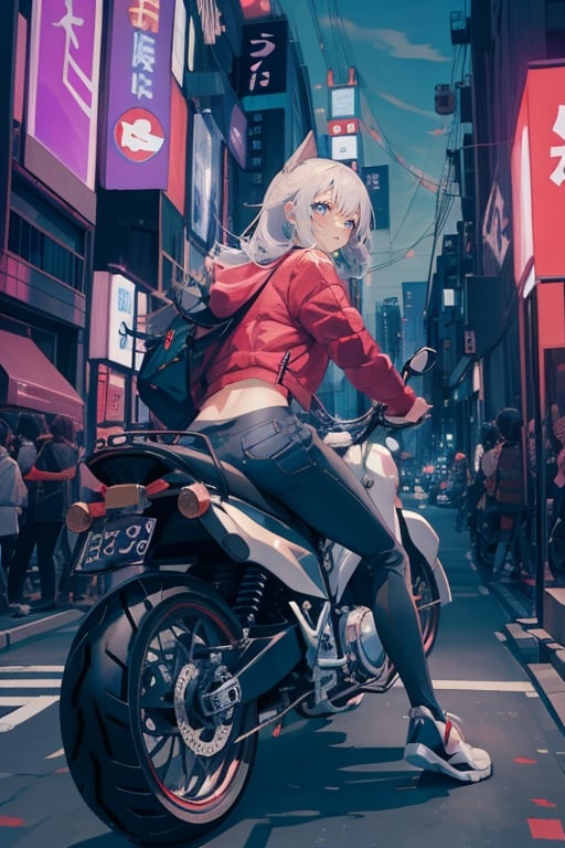 Anime female teen, 19 years old, riding motorcycle in the midnight hours in the city of tokyo,sangonomiya kokomi (sparkling coralbone)