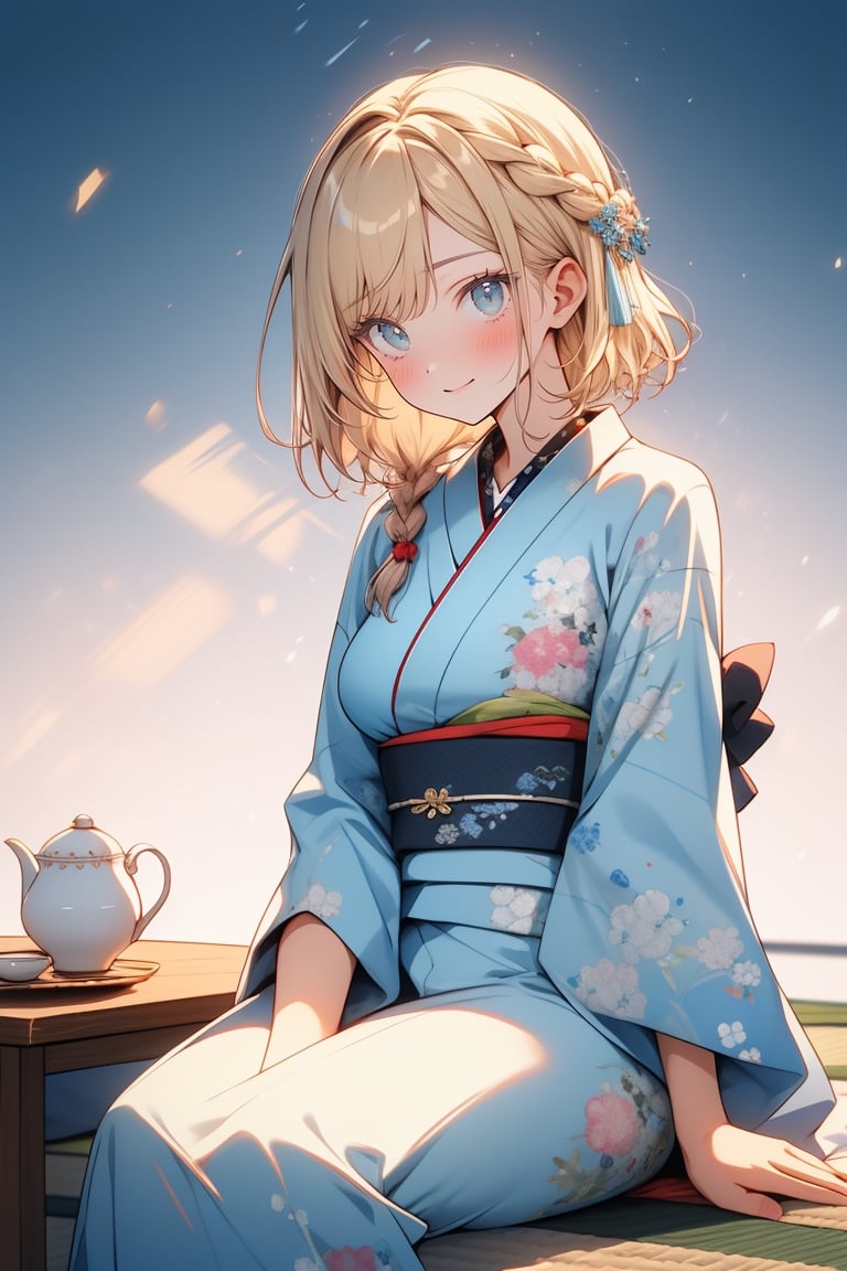 masterpiece:1.3, best quality:1.3, highly detailed, 8k raw, simple_background:1.3, white_background:1.3, female_solo, sitting on tatami, tatami tea table, tea festival, medium breasts, pov_shot, pastel light blue floral kimono, happy eyes, look happy, light blonde hair, medium straight_hair, milkmaid braid, blush, cozy, animeniji