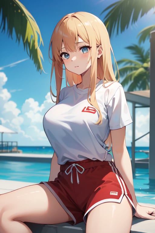 1girl, a girl as a lifeguard, sitting in the sun on a white lifeguard tower, plain white shirt, red shorts, 8k, professionally color graded, depth of field, big breasts