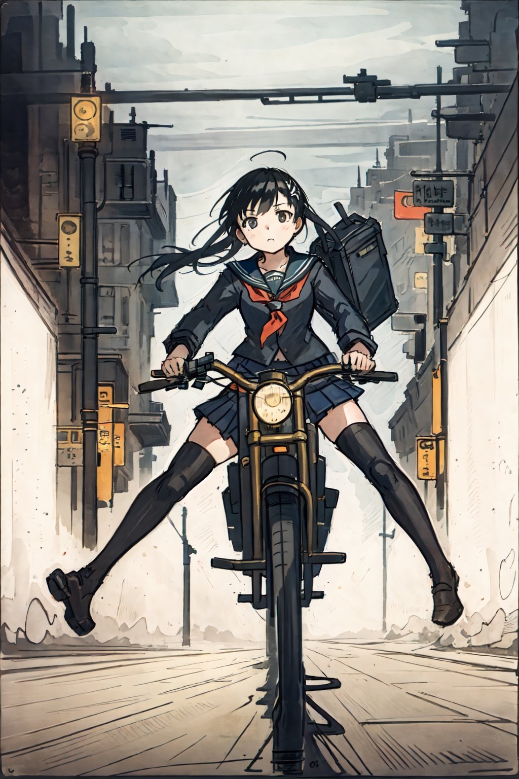 masterpiece, best quality, 1girl, solo, jacket, school uniform, serafuku, thighhighs, school bag, black hair, black eyes, cyberpunk, street, machinery, motor vehicle, motorcycle, panorama, helmet, speed line, motion blur, depth of field, perspective, panorama, riding, floating hair, night, neon trim
INFO
