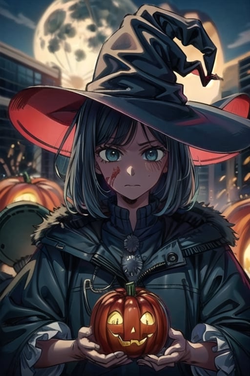 witch holding a pumpkin in front of a full moon, witch girl, portrait of a young witch girl, witch academia, anime style 4 k, badass anime 8 k, demon anime girl, 4 k manga wallpaper, 4k anime wallpaper, a witch, half invoker half megumin, anime art wallpaper 8 k, bright witch, dark witch, blood_on_face, blood-stained_clothes
