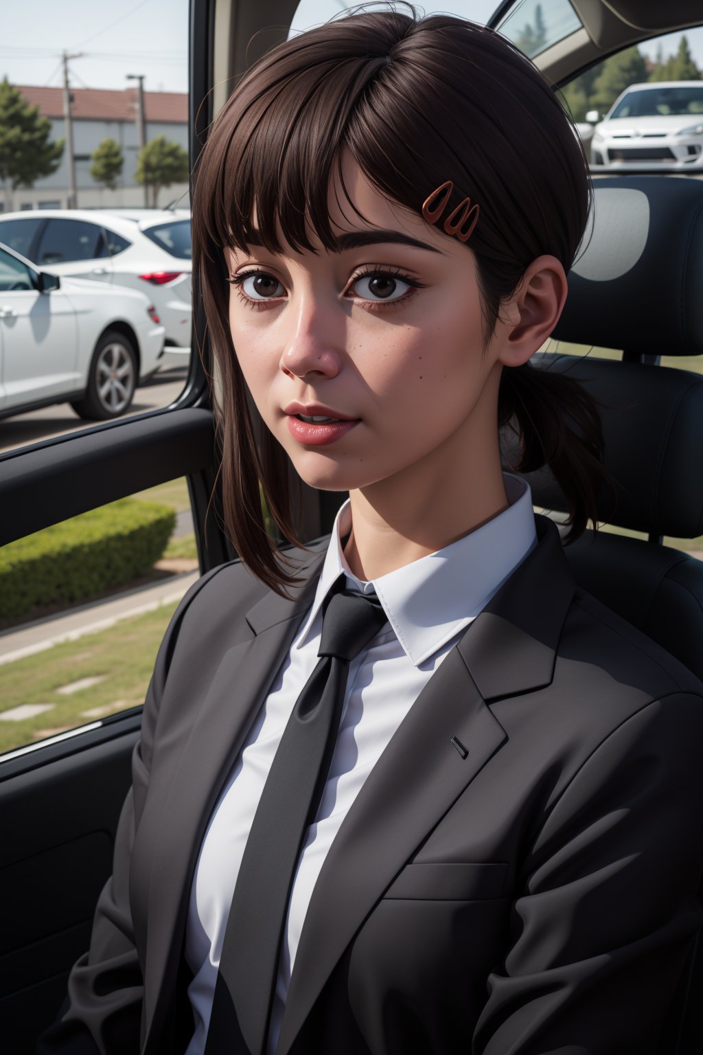 extreme quality, cg, (negative space), detailed face+eyesSMM,Kobeni wearing a suit,Kobeni driving a car