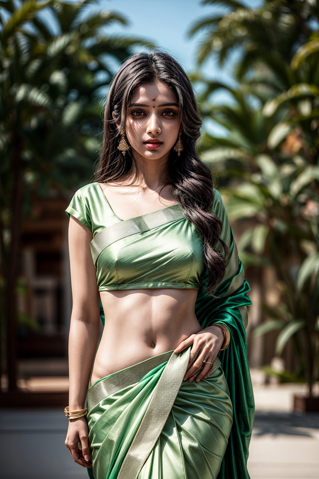 Hot Indian model, dark skinned, sky green satin saree,