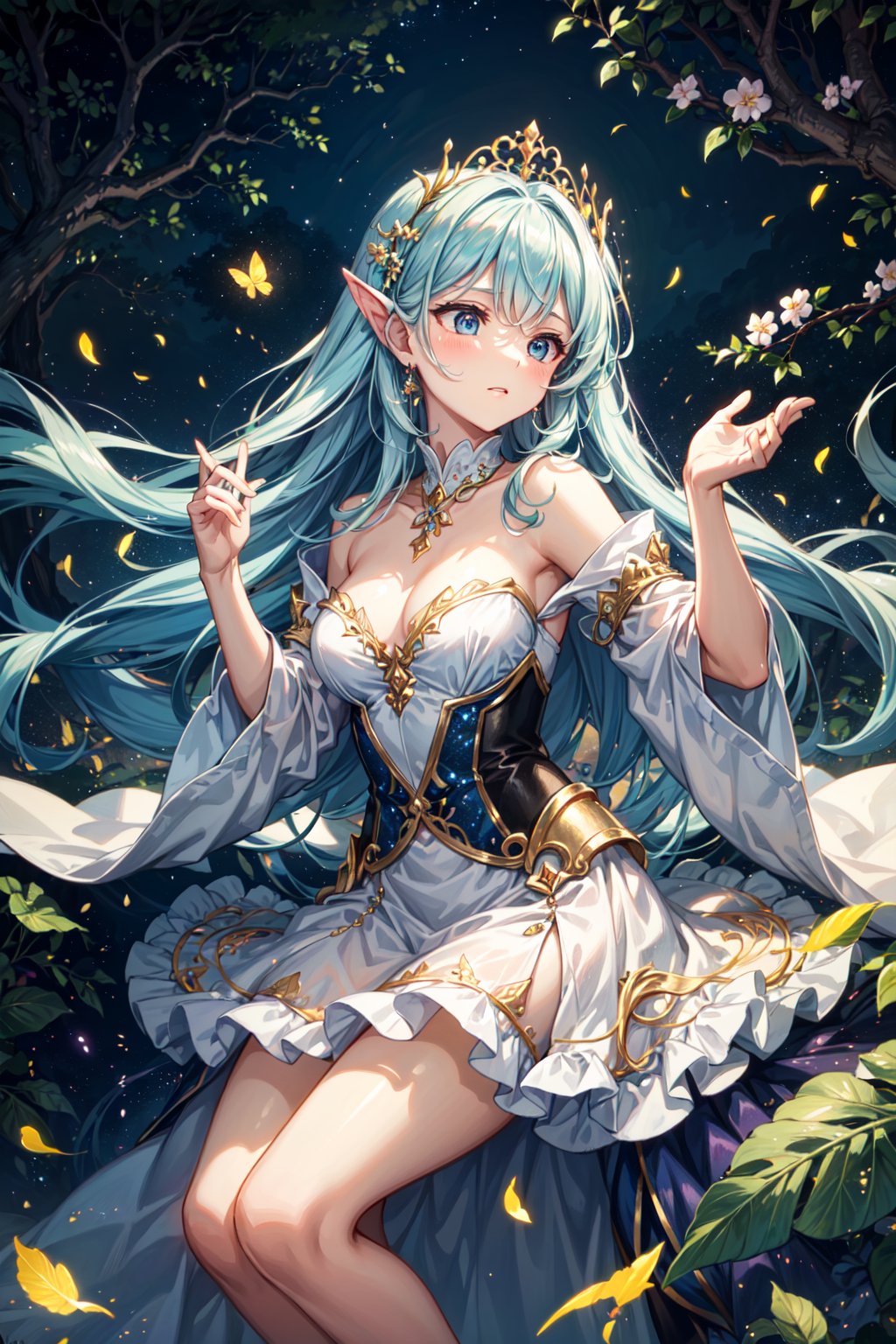 In a realm of enchantment, within a magical forest, a mystical fairy young woman emerges, a radiant being adorned in gossamer threads of moonlight. Her dress, woven from petals and stardust, shimmers with an iridescent glow, reflecting the celestial canopy above. As she flutters amidst blossoming trees and twinkling fireflies, the air resonates with the ethereal symphony of nature's whispers, creating a realm where dreams and reality intertwine in a dance of pure enchantment.