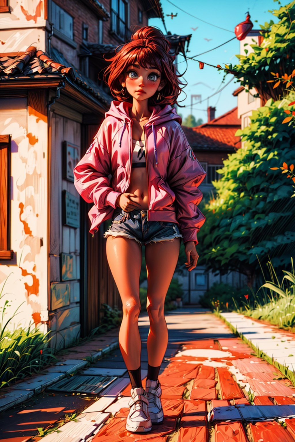 sfw, oil paint, (masterpiece, best quality, ultra-detailed, 8K), (picture-perfect face), blush, half red hair half purple, (perfect female body), petite, slim, goddess, charming, alluring, seductive, enchanting, makeup, fantasy, perfecteyes, pink hoodie, full body hoodie, perfecteyes