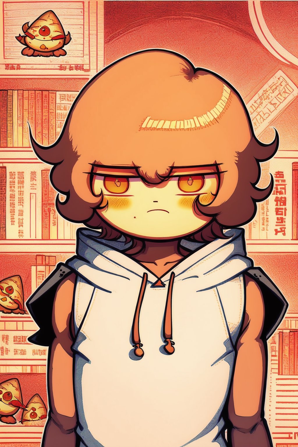 ((Reference Sheet)), 1boy, Tortilla hair, fluffy hair, Tortilla eyes, blushing, Tortilla sleeveless hoodie, standing, library, upper body,chibi,truechibi