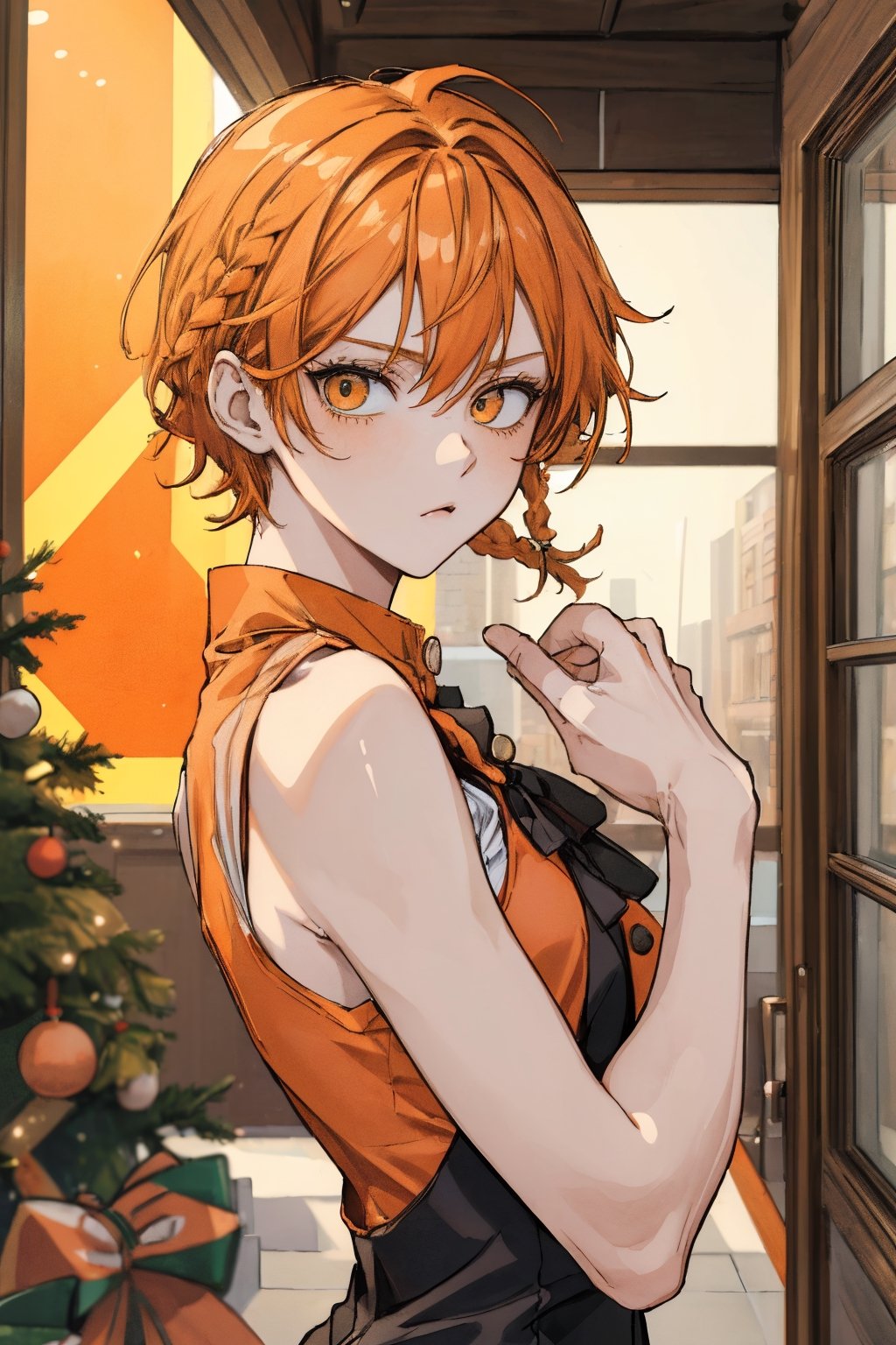 (masterpiece, best quality, highres:1.3), ultra resolution image, (style of Gurity Gear), ((style of One Piece), Tangerine hair, braids, Tangerine eyes, Scared, Tangerine sleeveless cat uniform, looking back, christmas decorations, upper body,1boy, Tangerine eyes , Tangerine hair ,Short hair,