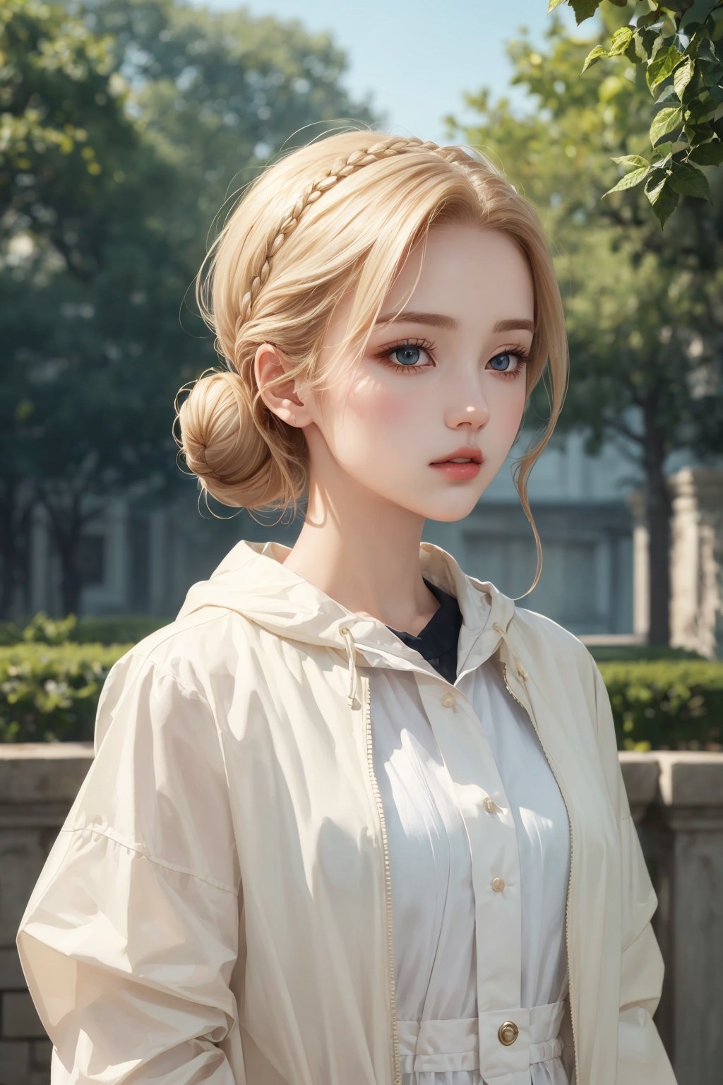 (masterpiece, top quality, best quality, official art, beautiful and aesthetic:1.2), (1girl:1.2), Alabaster hair, long bun head, Alabaster eyes, teaes, Alabaster raincoat, running, upper body,Realism