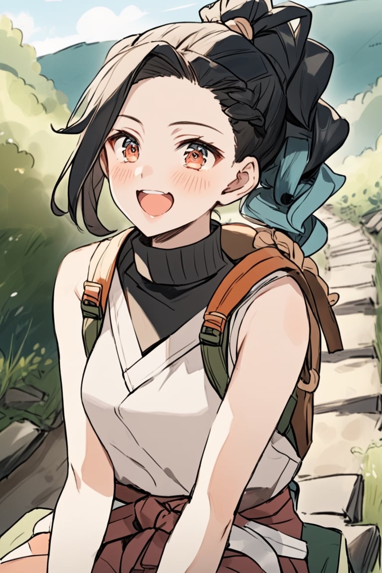 (style of Genshin Impact), ((style of Konesuba)), Brick hair, curly short ponytail, Brick eyes, Ecstatic, Brick sleeveless turtleneck, sitting on the ground, hiking trail, upper body,kamado nezuko