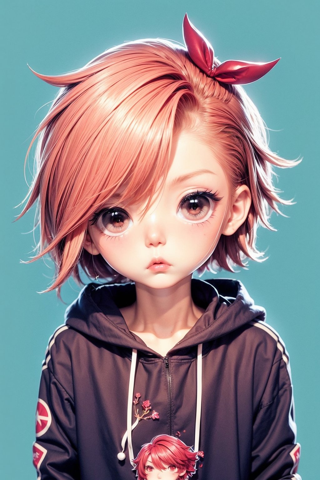 1boy, Cherry hair, undercut, Cherry eyes, sad, Cherry hoodie, walking, upper body ,Chibi