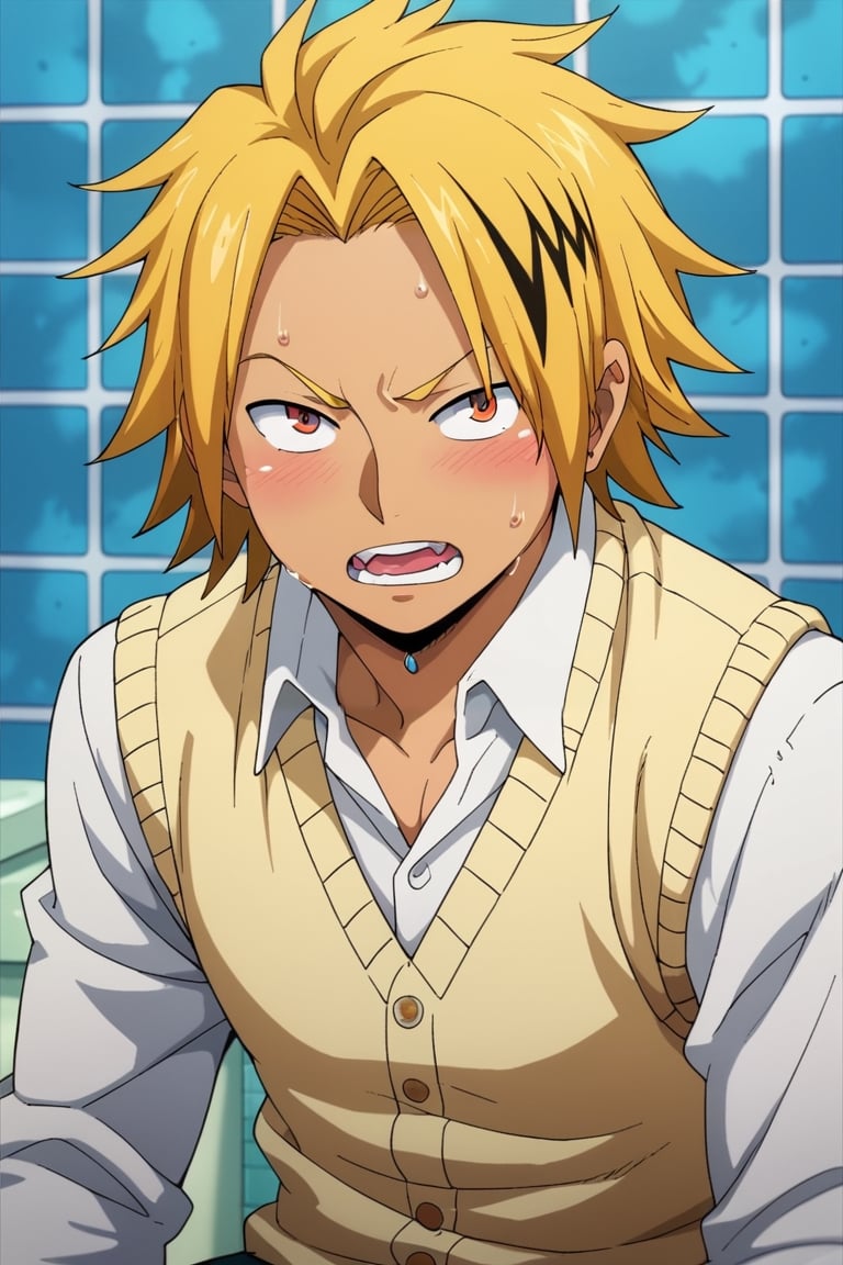 score_9, score_8_up, score_7_up, source_anime, (photorealistic:0.6), , , depth of field, 1boy, solo, male focus, , denki_kaminari, , , , , , blonde hair, (style of Neon Genesis), ((style of One Piece), Tan hair, Tan eyes, crying, Tan striped cardigan vest, sitting with knees pulled to chest, bathroom, upper body, yellow eyes, multicolored hair, black hair