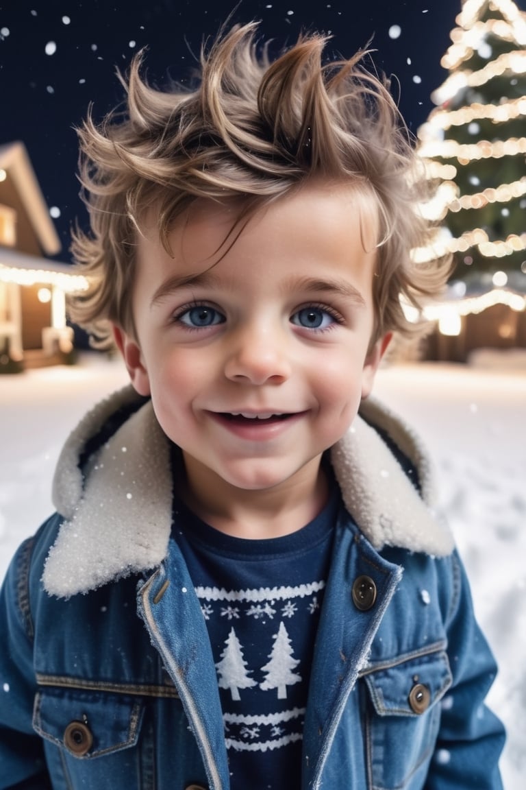 (High quality), best quality, masterpiece, HD, detailed, high_res, 4k, 1boy, Denim hair, (Messy Tousled1.3), Denim eyes, (happy:1.5), Denim (coat:1.5), (standing:1.3), snow, snowflakes, Christmas place, Christmas tree, Christmas lights, (head shot:1.5), (shot on GoPro Hero:1.5),modelshoot style,Baby face,baby face