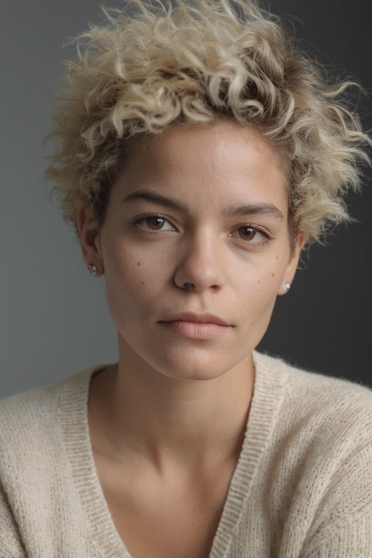 cinematic photo of cinematic photo Jean-Michel Basquiat style (by Jean Michel Basquiat,a girl, Parchment hair, short curly pixie cut, Parchment eyes, tears, Parchment sweater vest, running, upper body 
