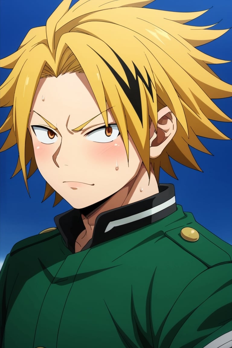 score_9, score_8_up, score_7_up, source_anime, (photorealistic:0.6), , , depth of field, 1boy, solo, male focus, , denki_kaminari, , , , , , Macaroon hair, (style of Neon Genesis), ((style of Pokemon)), Yellow hair, Yellow eyes, grumpy, Yellow striped military uniform, archer's pose, night sky, upper body, yellow eyes, multicolored hair, black hair, two-tone hair, streaked hair, short hair, spiked hair, blonde hair