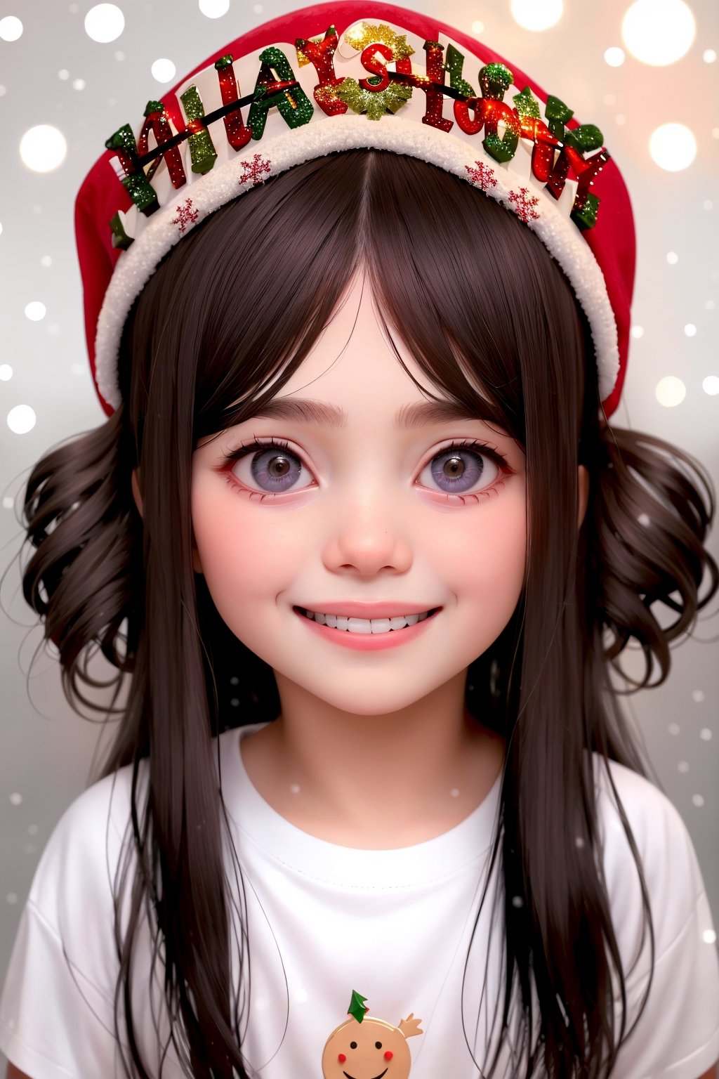 (High quality), (best quality), (masterpiece), HD, detailed, high_res, 4k, 1boy, Eggplant hair, (curly straight hair:1.3), Eggplant eyes, (happy:1.5), Eggplant (cute shirt), (stanta hat), (running:1.3), snow, snowflakes, Christmas place, Christmas tree, Christmas lights, (head shot:1.5),Baby face,baby face