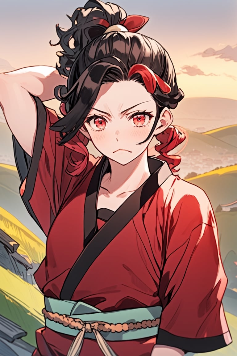 (style of Genshin Impact), ((style of Fate)), Scarlet hair, curly long ponytail, Scarlet eyes, pout, Scarlet sleeveless jacket, arms behind head, hilltop, upper body,kamado nezuko