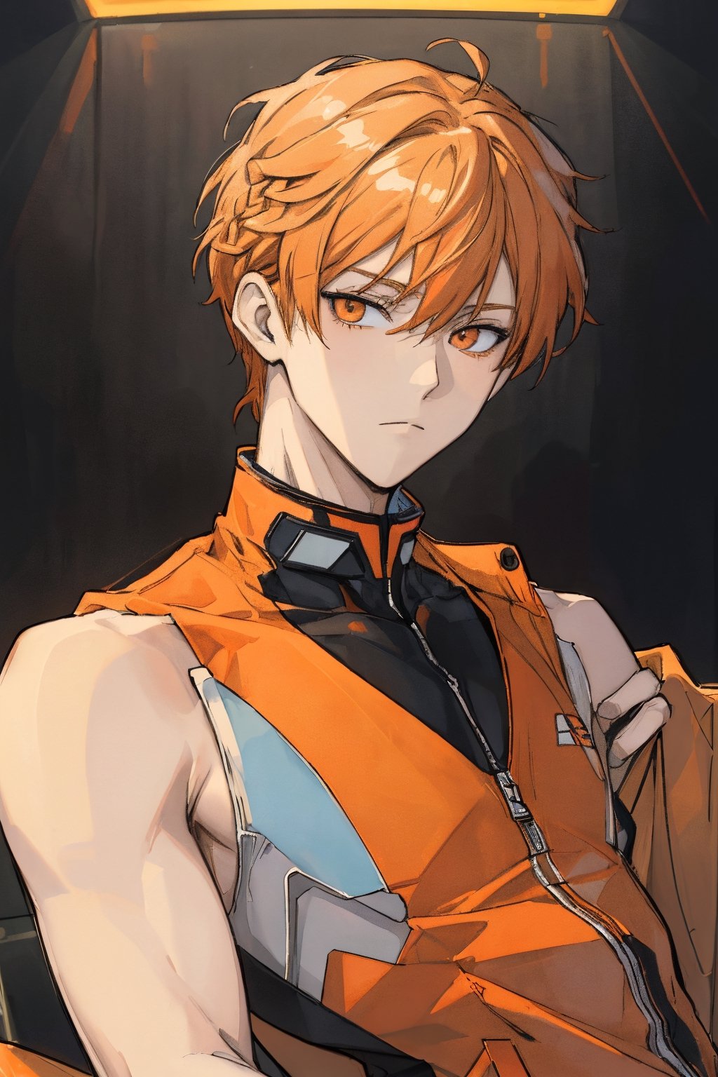 (masterpiece, best quality, highres:1.3), ultra resolution image, (style of Gurity Gear), ((style of Neon Genesis)), Orange hair, single braid, Orange eyes, Bored, Orange sleeveless dog uniform, Talking, buffet, upper body,1boy, orange eyes , orange hair ,Short hair