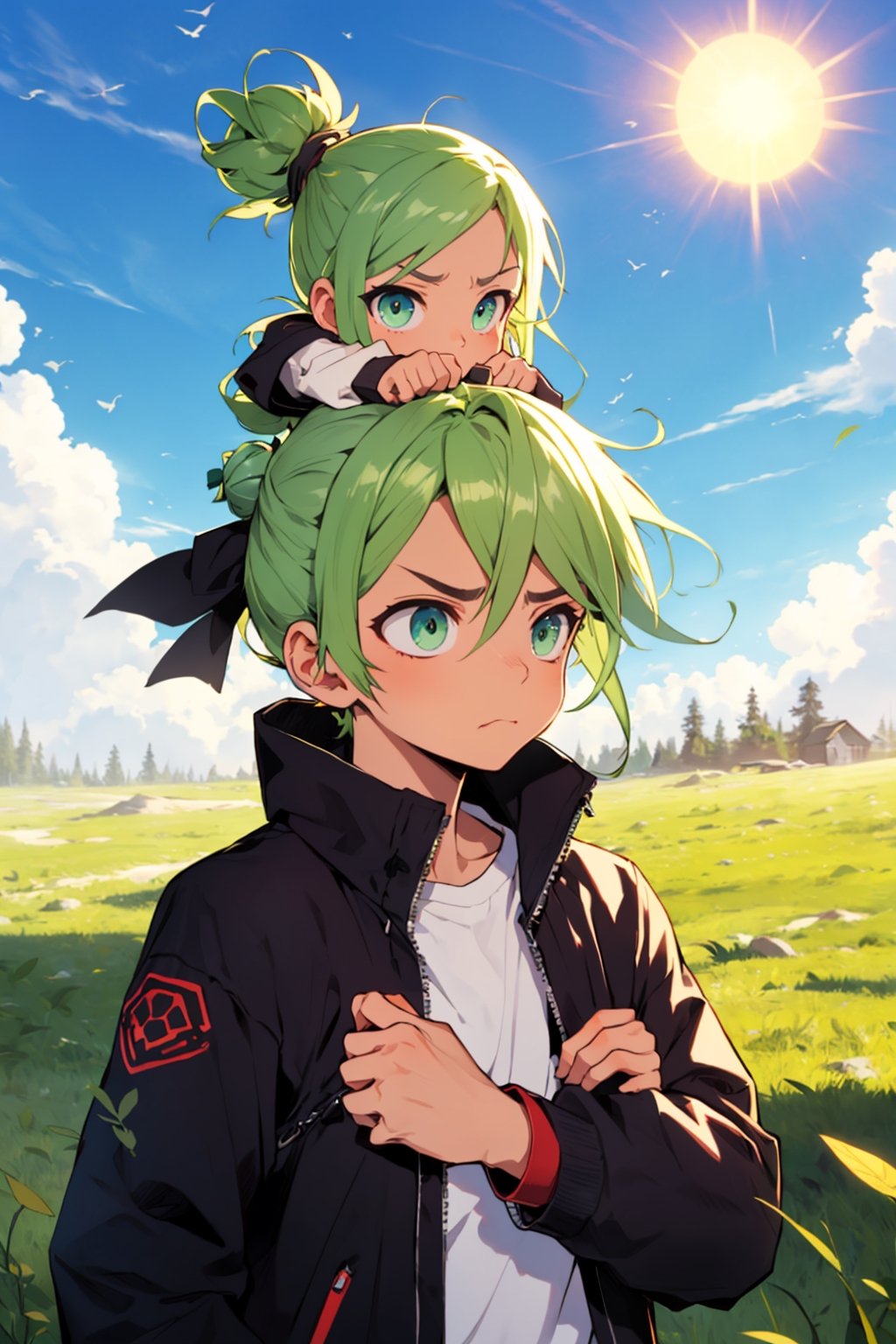 High quality, best quality, 1boy, Sage hair, (Man Bun:1.3), Sage eyes, (Shouldering, expressing helplessness:1.5) Sage overcoat, (Fixing Her Hair:1.3), sun, sky, grass, upper body,Chibi,Color Booster,(best quality, masterpiece)