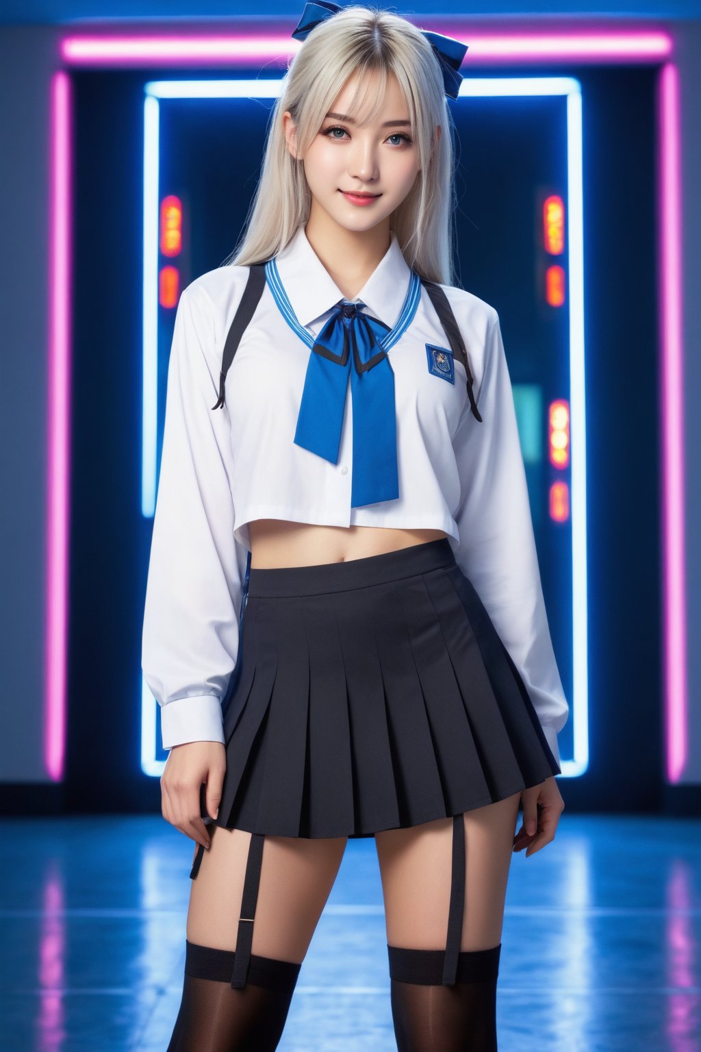 masterpiece, best quality, ultra realistic illustration, 16K, (HDR), high resolution, female_solo, (white long hair:1.3) , slender hot body proportion , smiling at viewer, 1 women with blue eyes , (wearing beautiful long white school uniform shirt+loose cropped haori +bow tie+pleated black short skirt+stockings skirt+shoes:1.1), full-body shot, ( legs apart+showing black underwear) , (highly detailed background of  cyberpunk style+neon lights:1.0),(pink +puple backing lighting, blue front lighting), add More Detail, Color magic,perfect fingers, girl,  jp_school_uniform