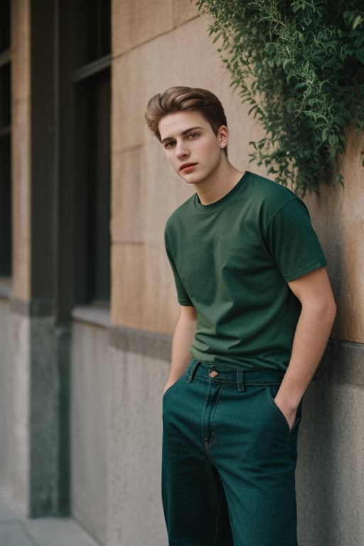 photography of a 20 year old boy, ((curve), , green T shirt, black jeans pant, 
,photorealistic,analog,realism,
light comming from bellow,long skirt